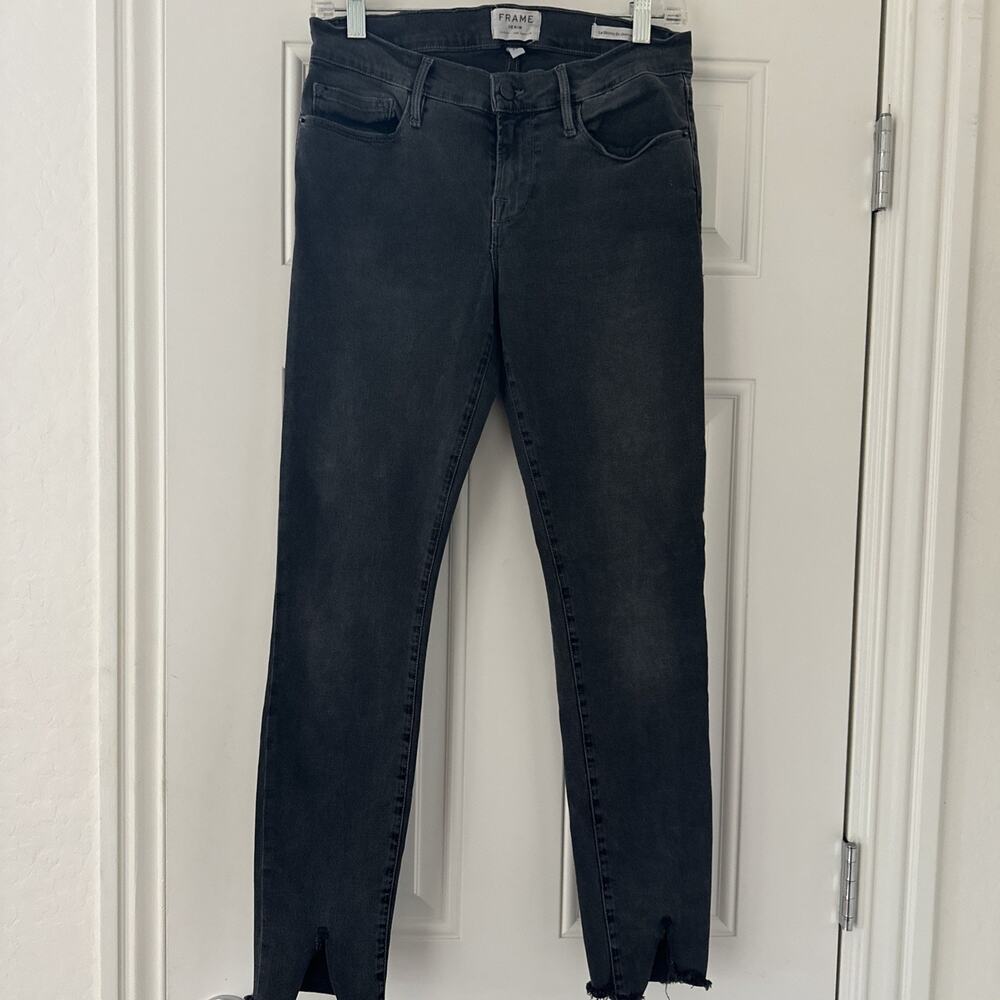 Frame denim womens le skinny de jeanne black distressed 28 Stretch Raw Hem